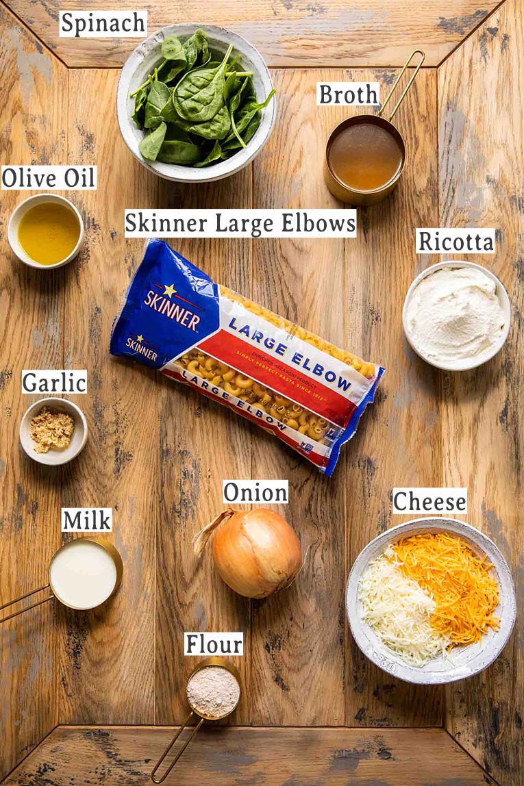 Ingredients for Spinach Ricotta Mac & Cheese.