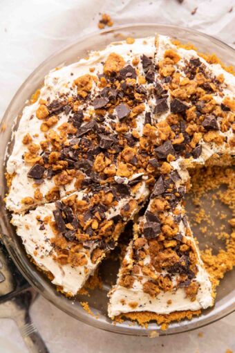 Vegan Butterfinger Cheesecake with slices taken out.
