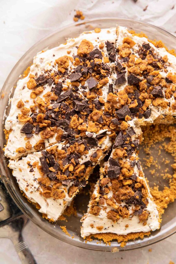 Vegan Butterfinger Cheesecake with slices taken out.