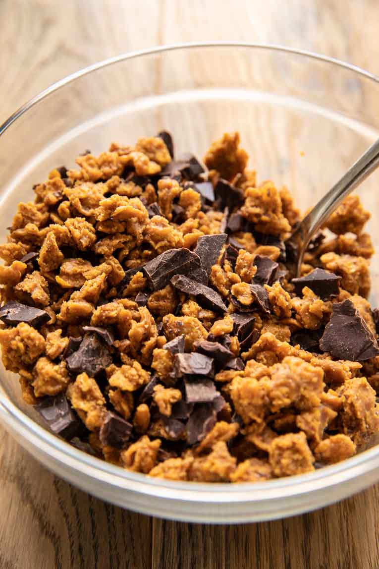 Vegan butterfingers chopped in a small bowl.