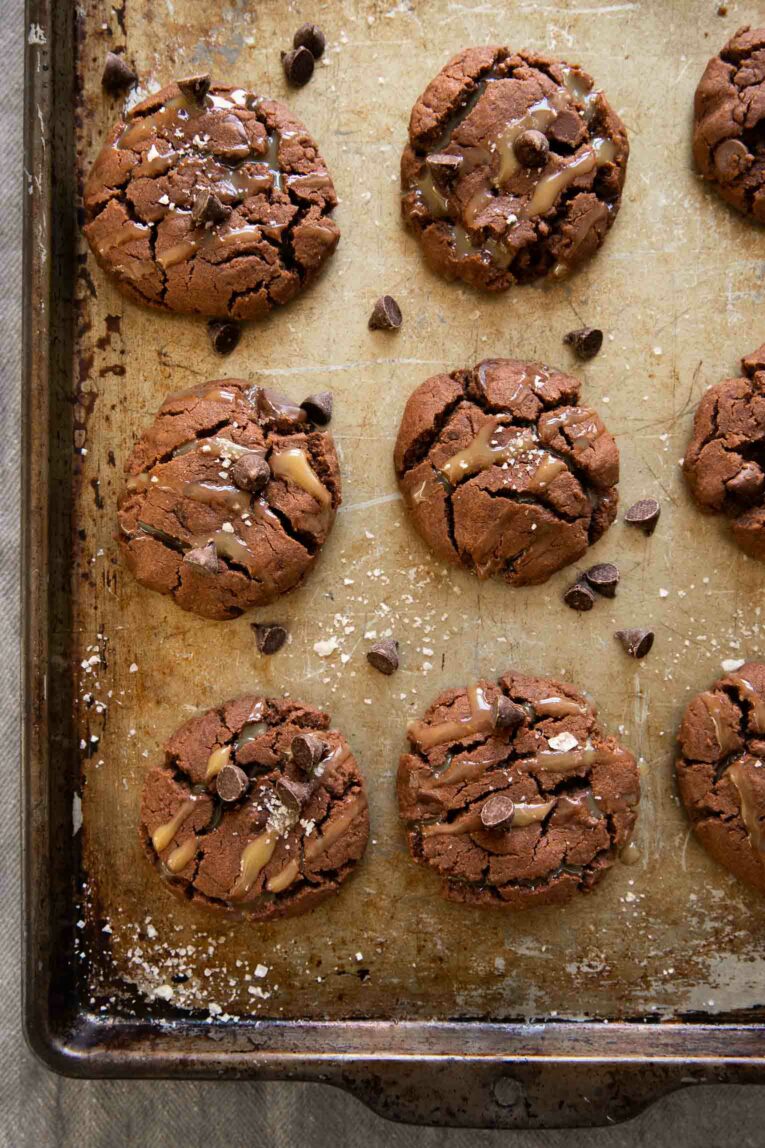 Vegan Salted Caramel Chocolate Cookies on a baking sheet.