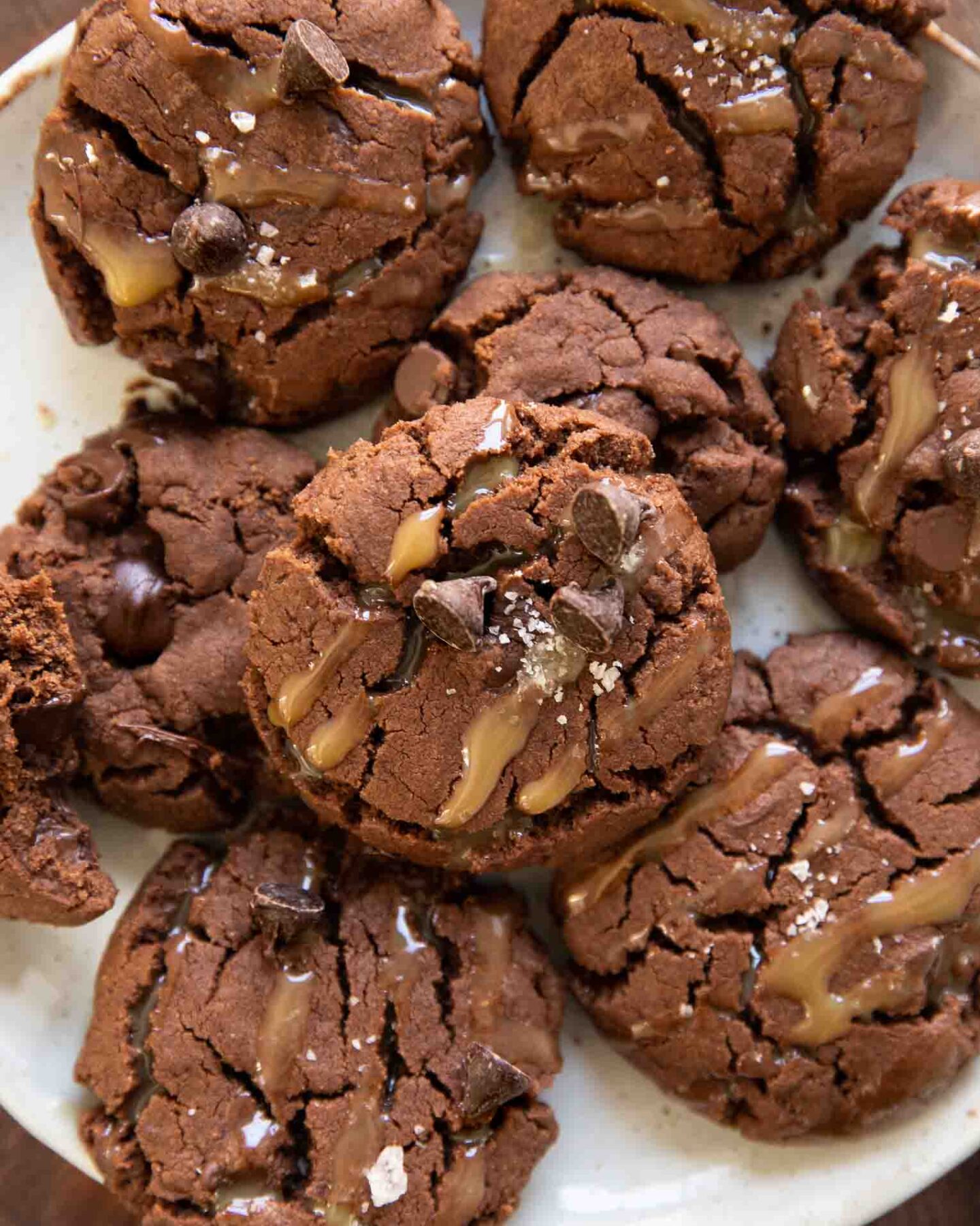 Close up of Vegan Salted Caramel Chocolate Cookies on a plate.