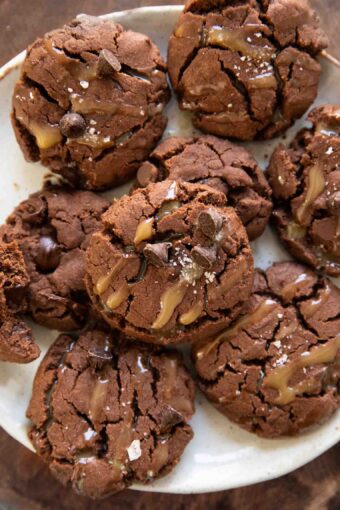 Close up of Vegan Salted Caramel Chocolate Cookies on a plate.