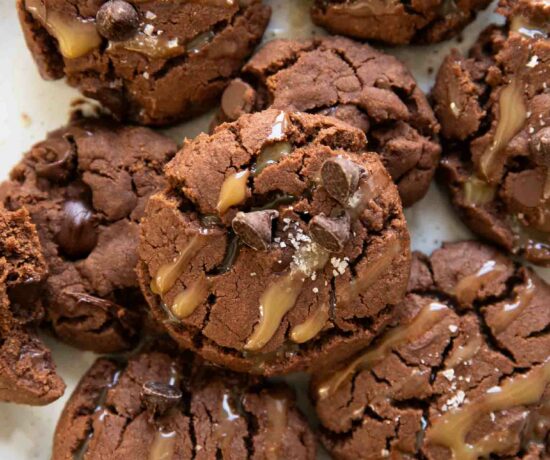 Close up of Vegan Salted Caramel Chocolate Cookies on a plate.