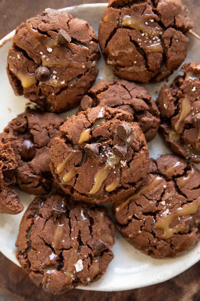 Close up of Vegan Salted Caramel Chocolate Cookies on a plate.
