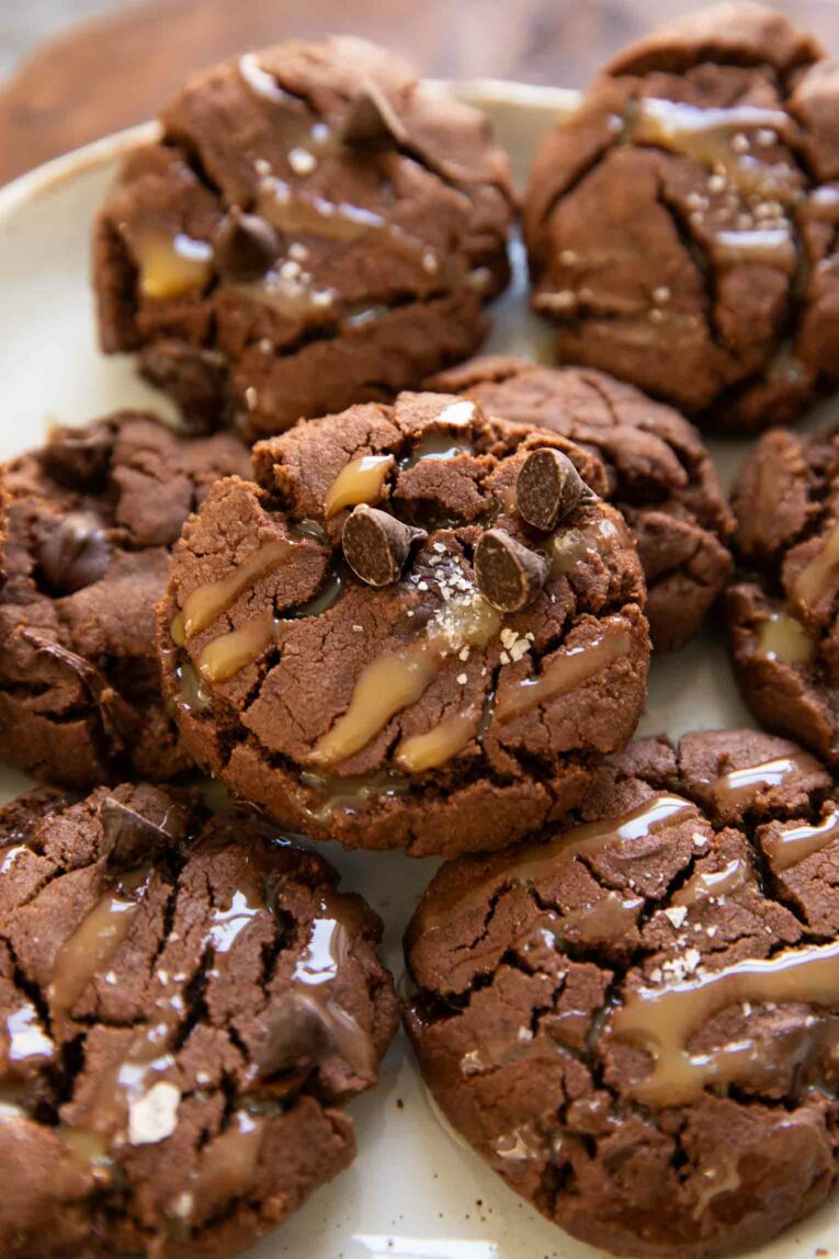 Angled photo of Vegan Salted Caramel Chocolate Cookies.