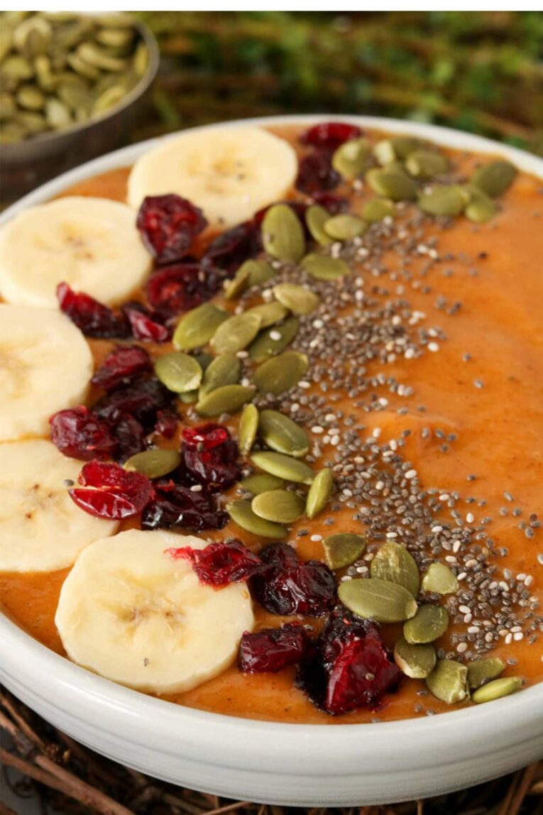 Pumpkin Smoothie with toppings in a bowl.
