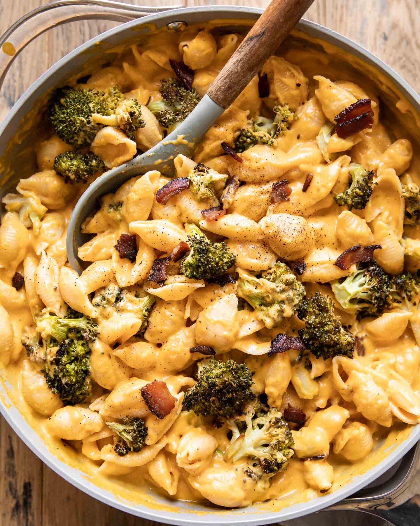 Top shot photo of Butternut Squash Mac & Cheese in a skillet.