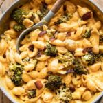 Top shot photo of Butternut Squash Mac & Cheese in a skillet.