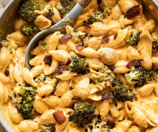 Top shot photo of Butternut Squash Mac & Cheese in a skillet.