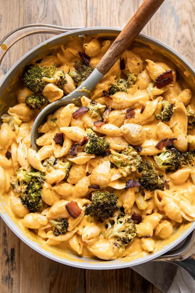 Top shot photo of Butternut Squash Mac & Cheese in a skillet.