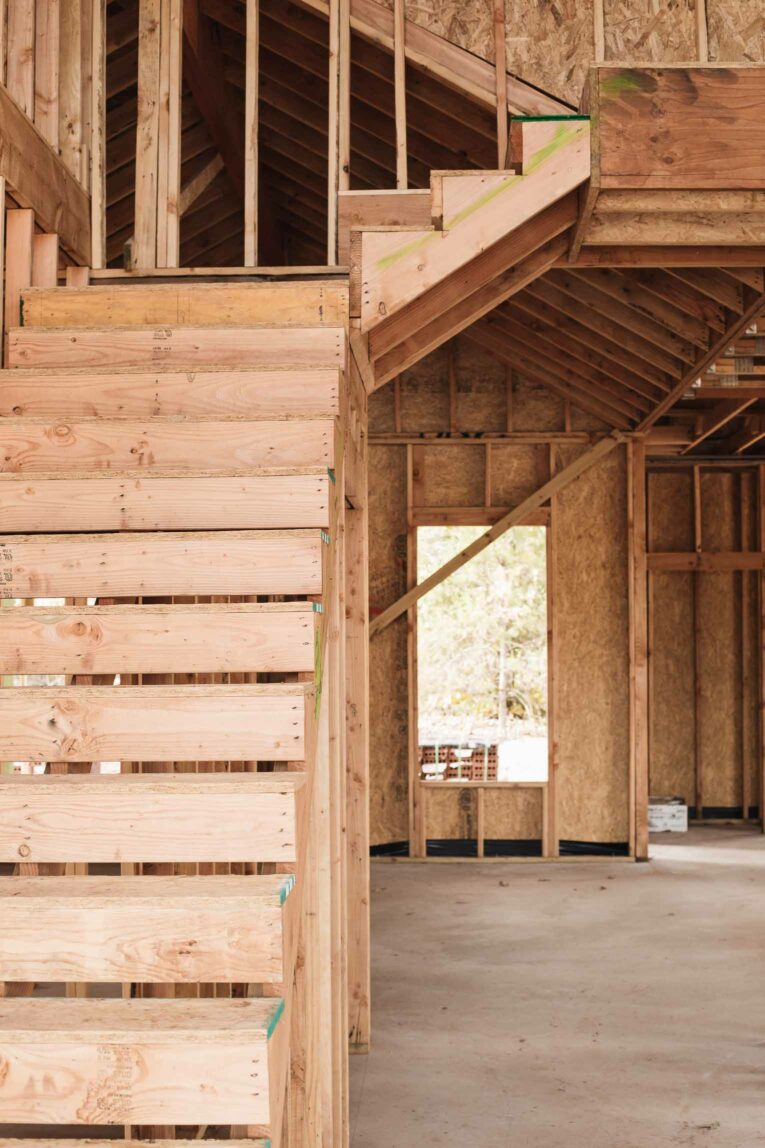 Stairs in a newly framed house.