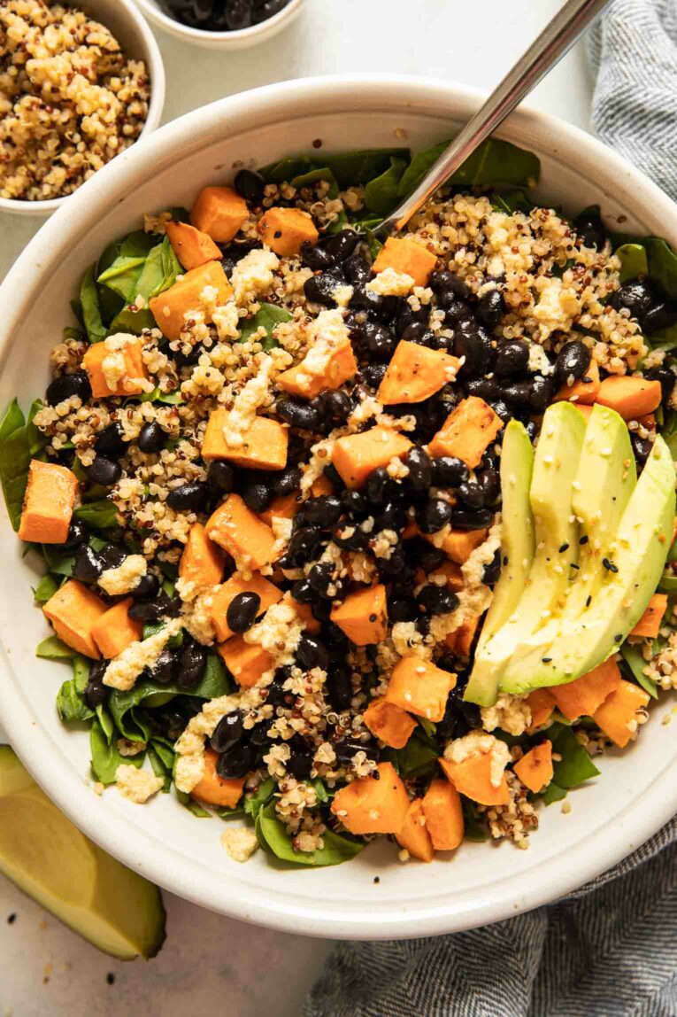 Roasted sweet potato black bean salad in a bowl.