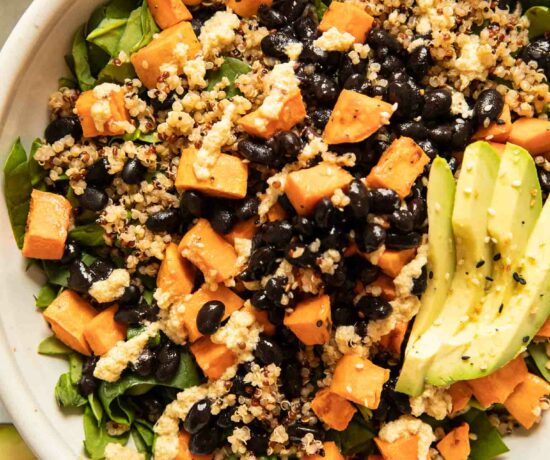 Top shot of sweet potato black bean quinoa salad with avocado.