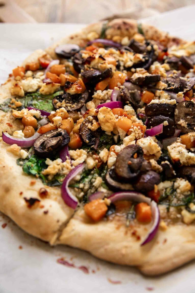 Angled photo fo hot honey pizza.