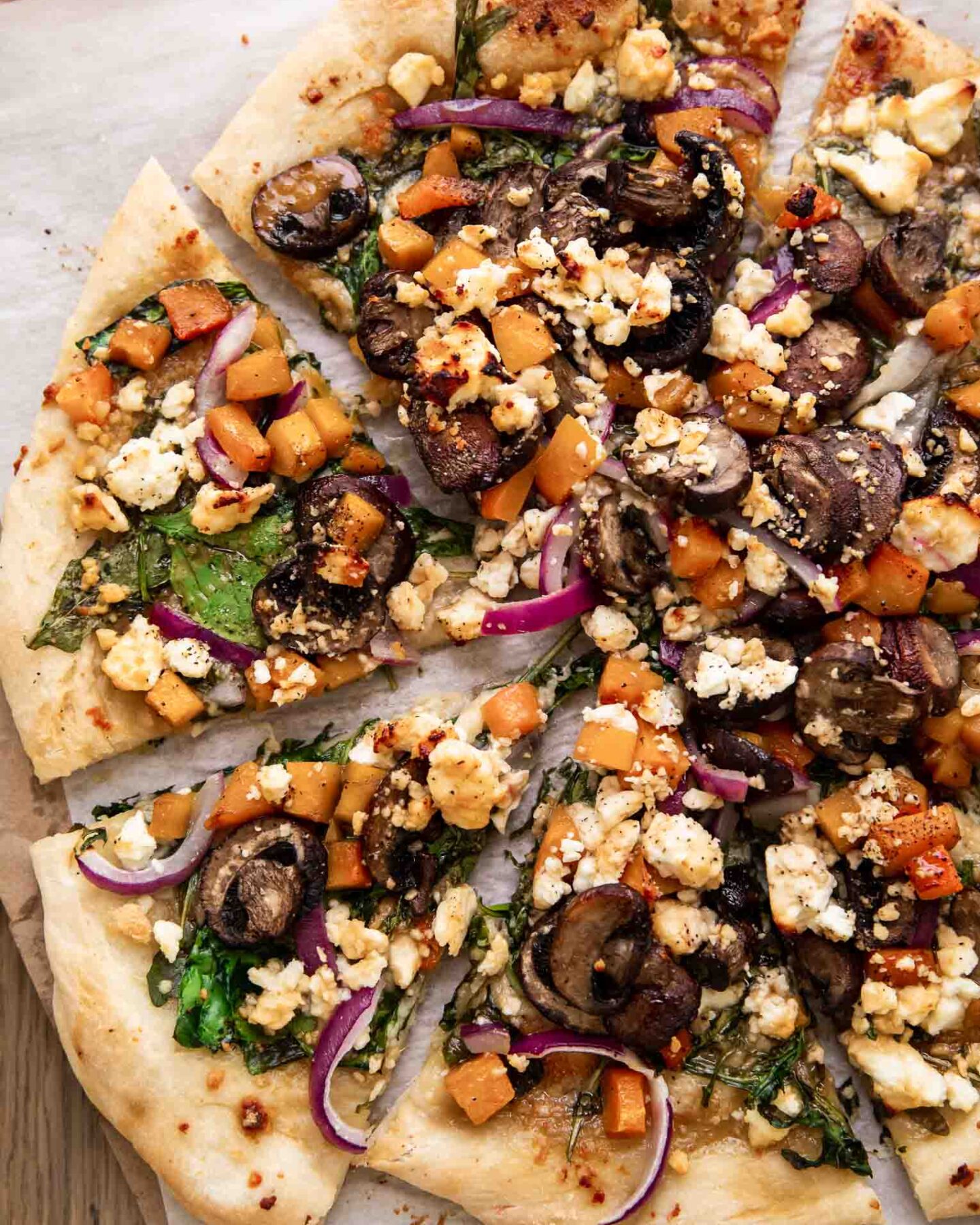 Top shot photo of vegetarian hot honey pizza.