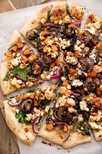 Top shot photo of vegetarian hot honey pizza.