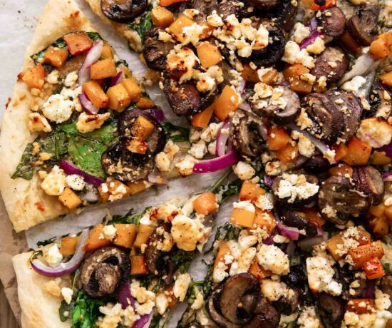 Top shot photo of vegetarian hot honey pizza.