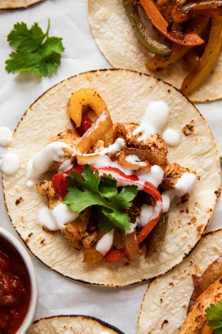 Close up of Chicken Fajita Tacos recipe.