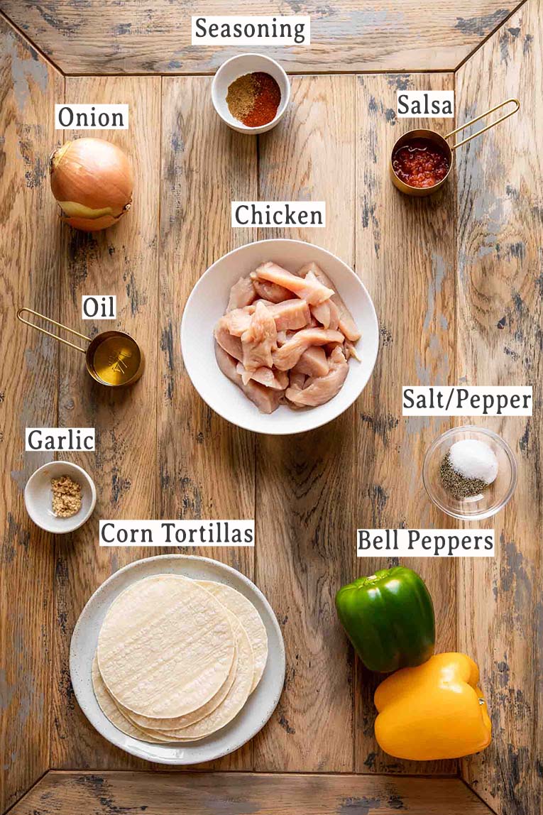 Simple ingredients for chicken fajita tacos.