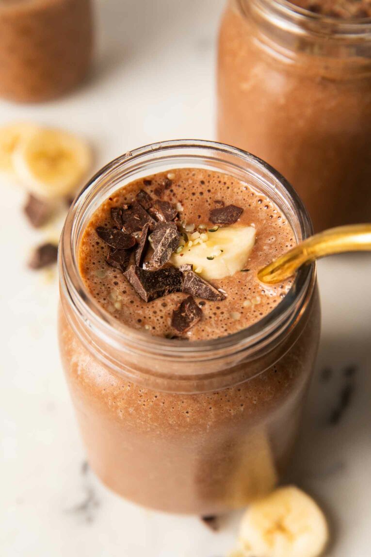 Angled photo of Easy Chocolate Banana Smoothie recipe.