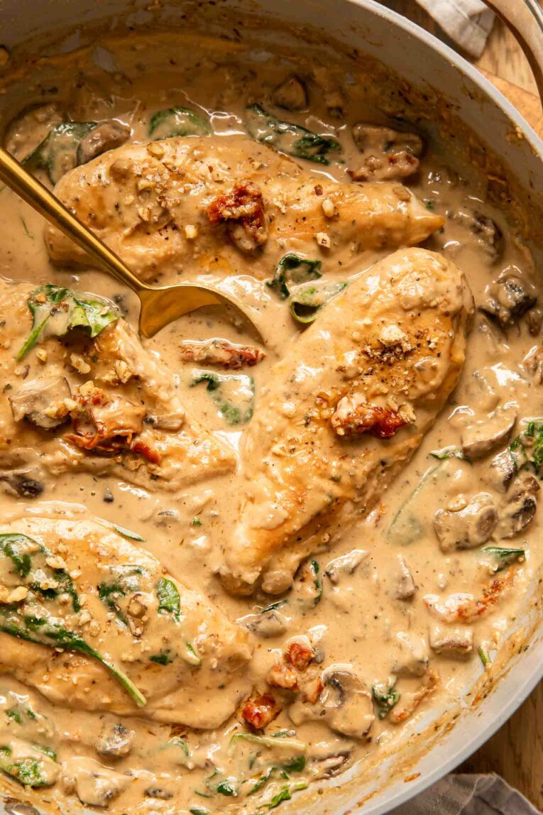 Top shot photo of dairy-free tuscan chicken dinner.
