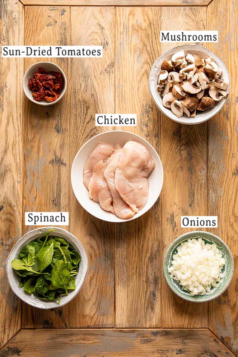 Main ingredients for making dairy-free tuscan chicken.