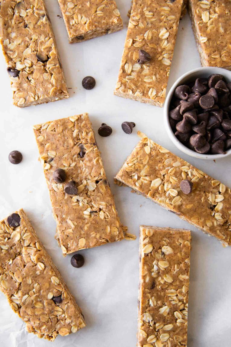 Top photo of no-bake oatmeal protein bars with chocolate chips.