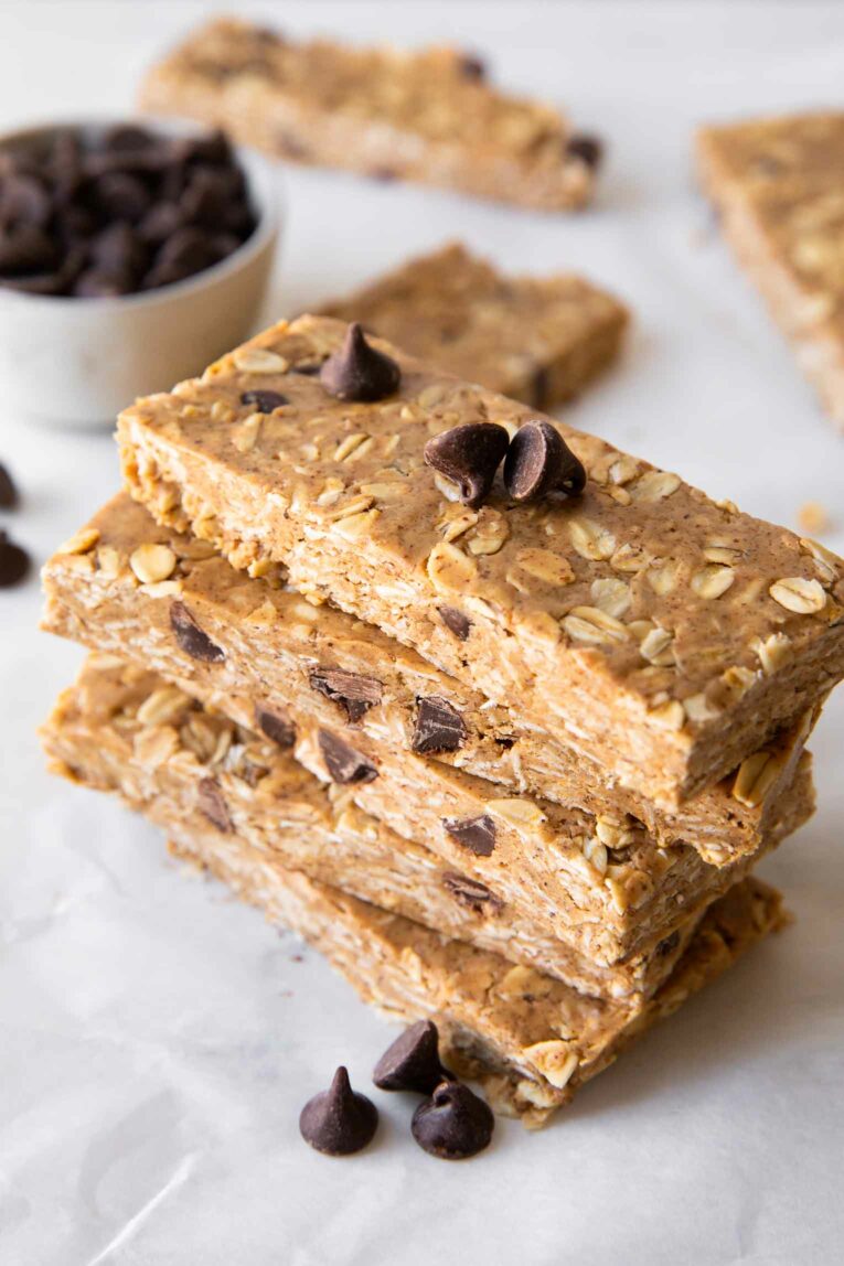 Angled photo of no-bake oatmeal protein bars.