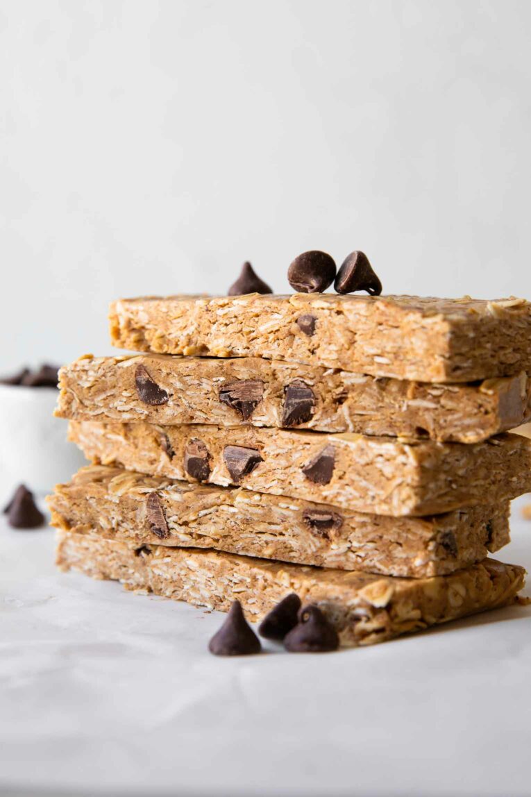 Close up of no-bake oatmeal protein bars recipe.