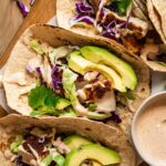 Close up of baked mahi mahi tacos recipe.