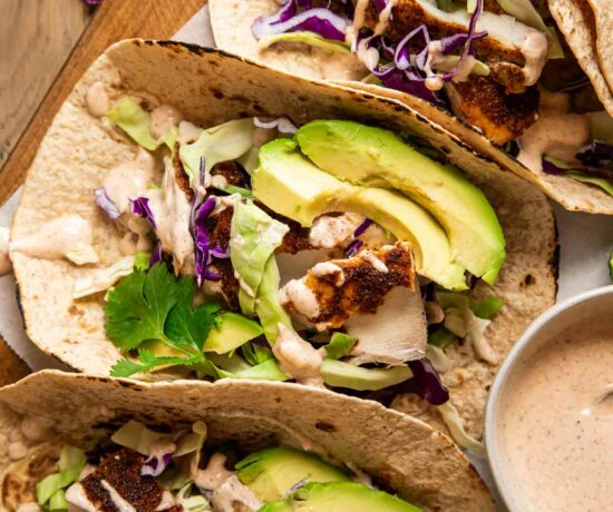 Close up of baked mahi mahi tacos recipe.
