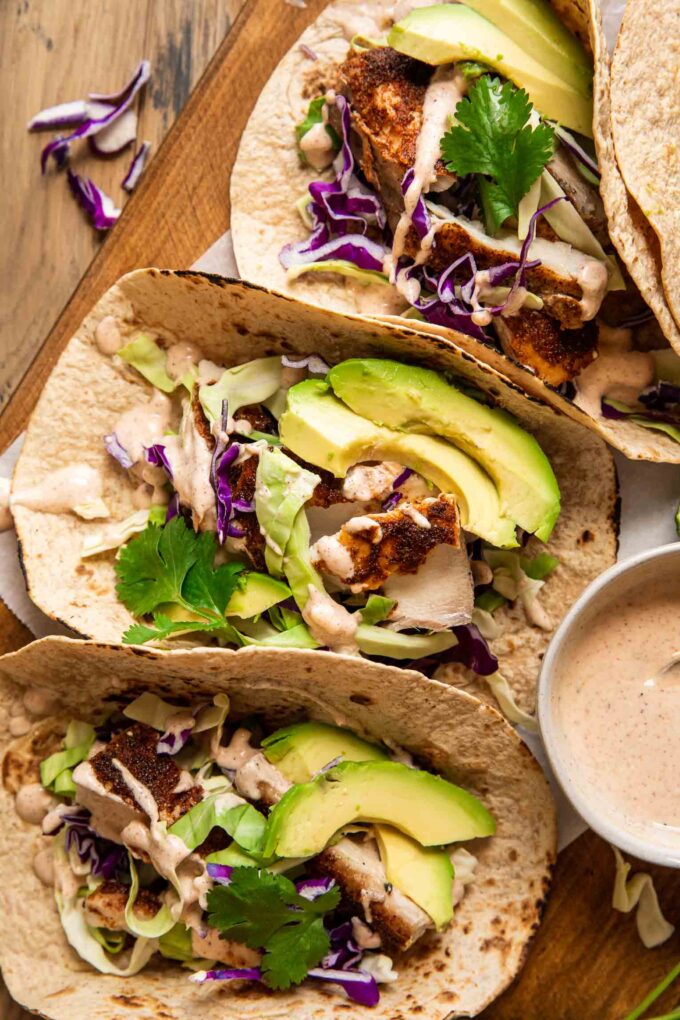 Close up of baked mahi mahi tacos recipe.