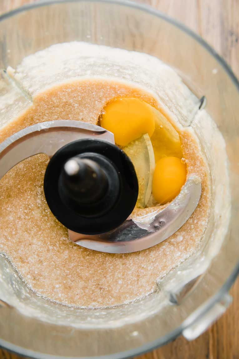Eggs, bananas, and gluten-free flour blended in a food processor.