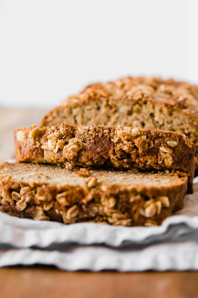 Across photo of Healthy Banana Bread sliced.