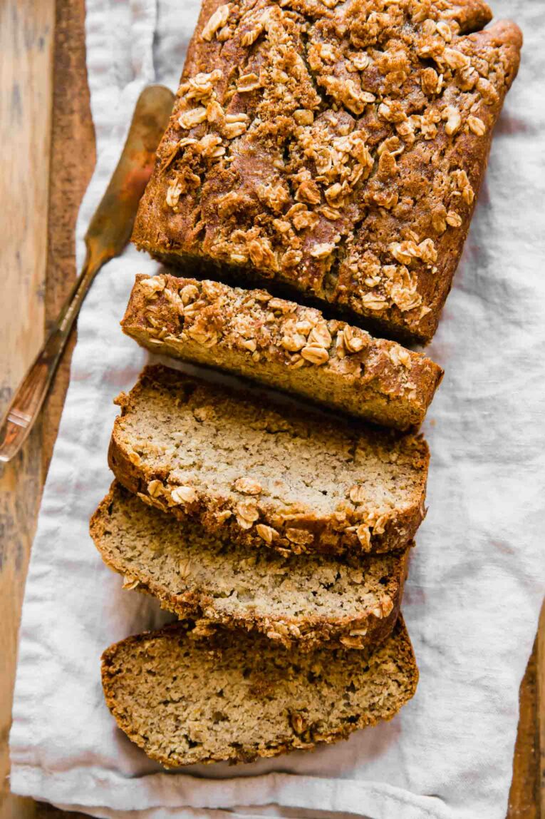 Top photo of banana bread loaf sliced.