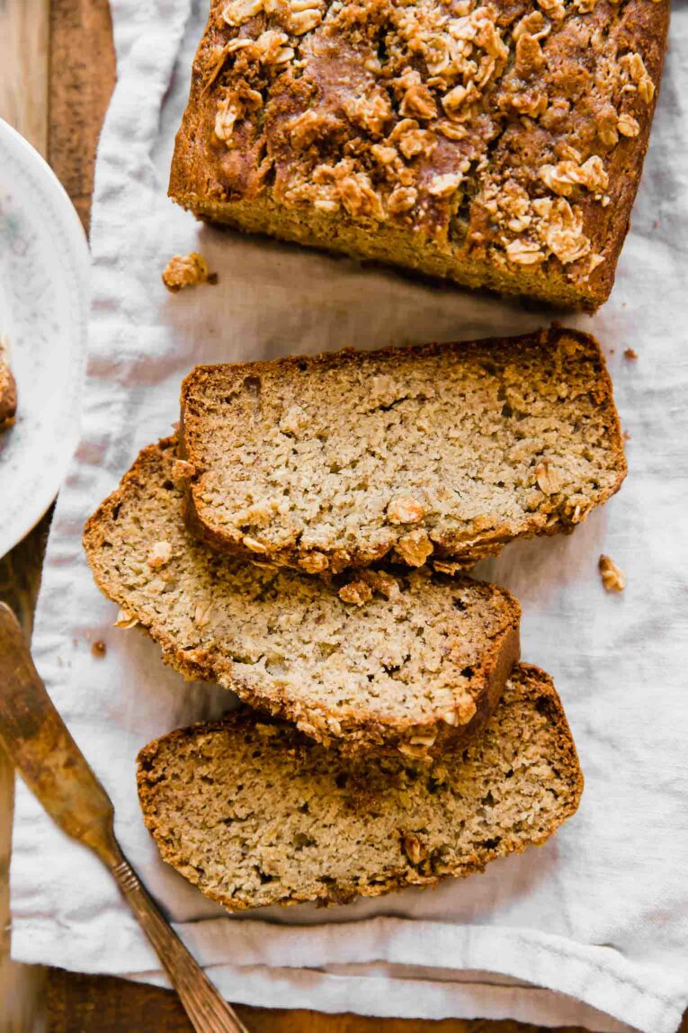 Healthy banana bread recipe cut into slices.