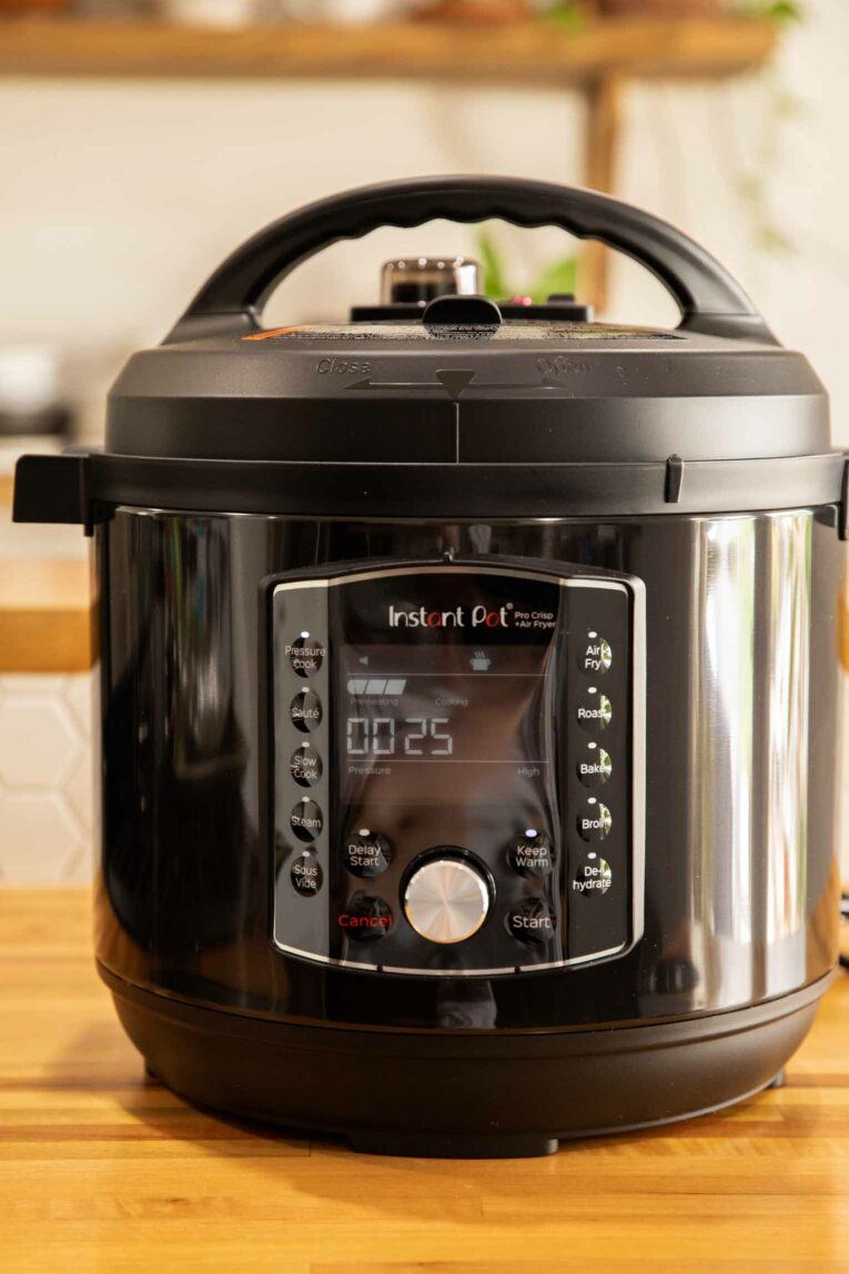 Across photo of Instant Pot Air Fryer Duo Crisp on a countertop.
