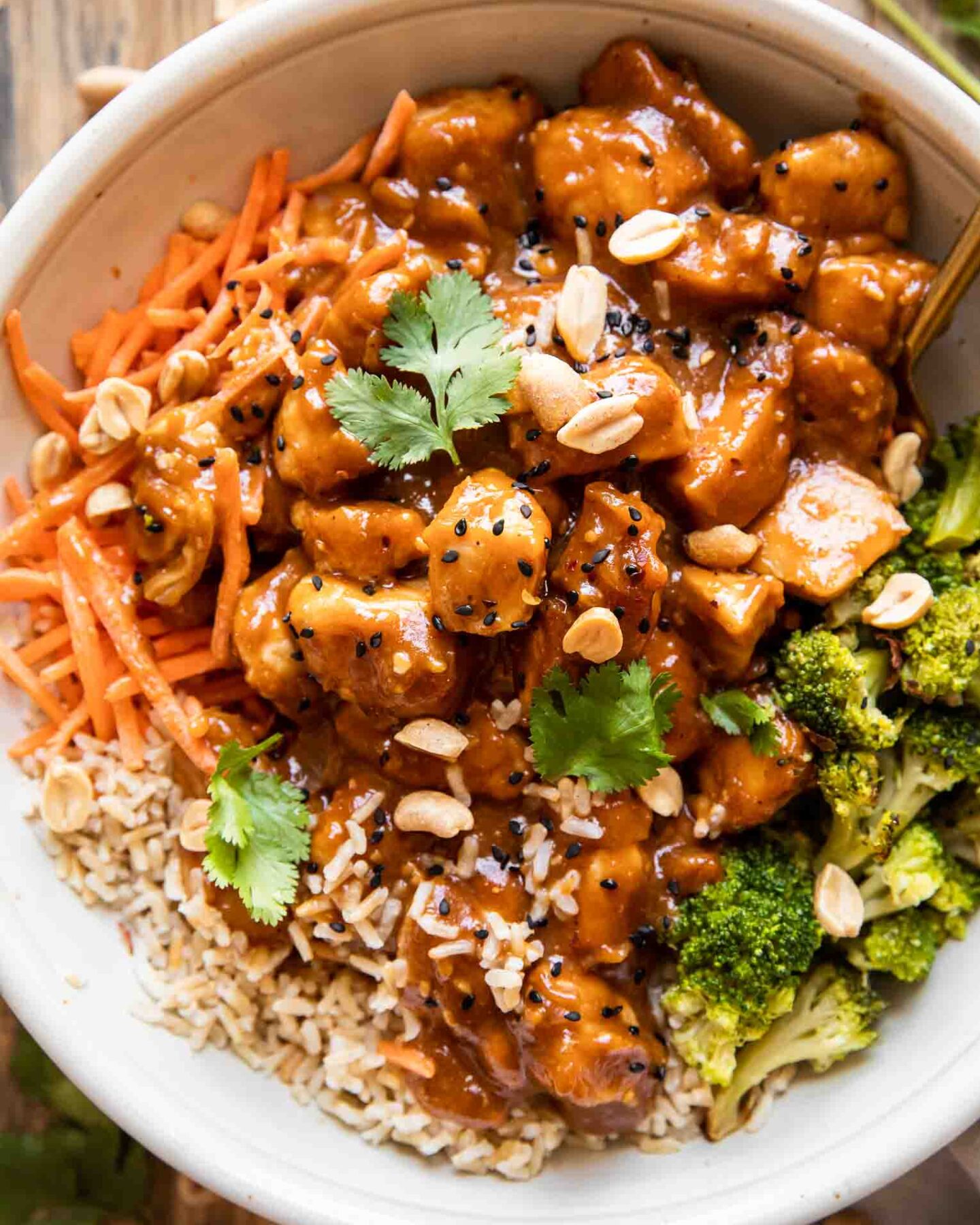 Top photo of peanut butter chicken recipe in a large bowl.