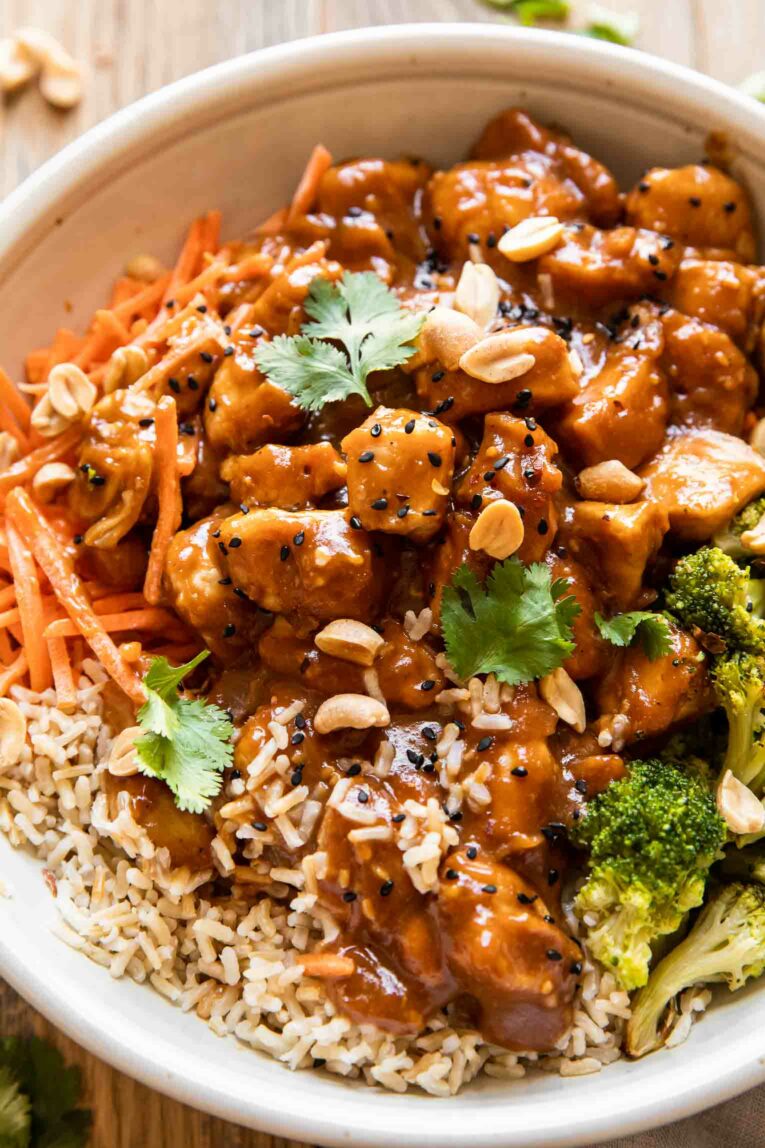 Angled photo of peanut butter chicken recipe.