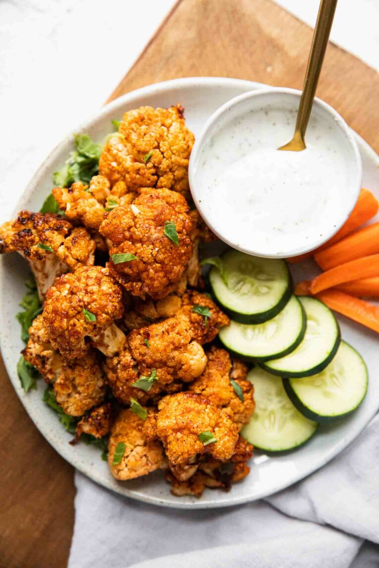 Top shot photo of Air Fryer Buffalo Cauliflower Bites.