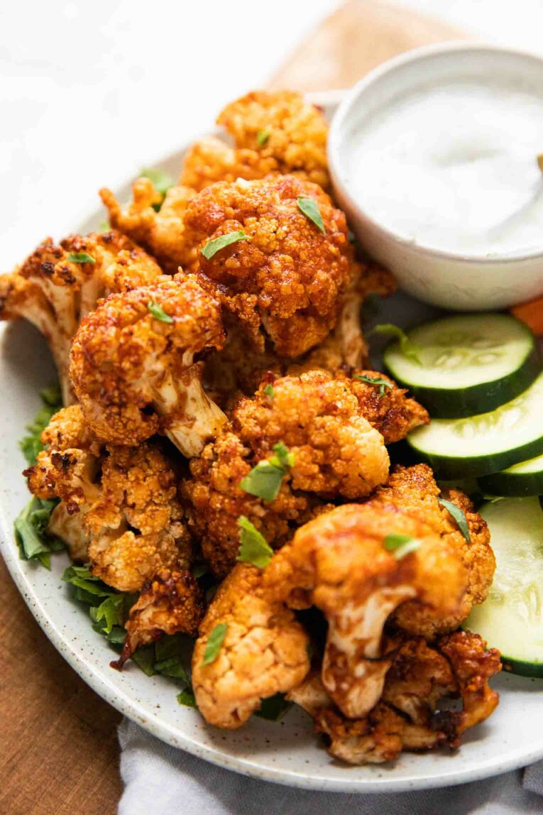Angled photo of Air Fryer Buffalo Cauliflower Bites.