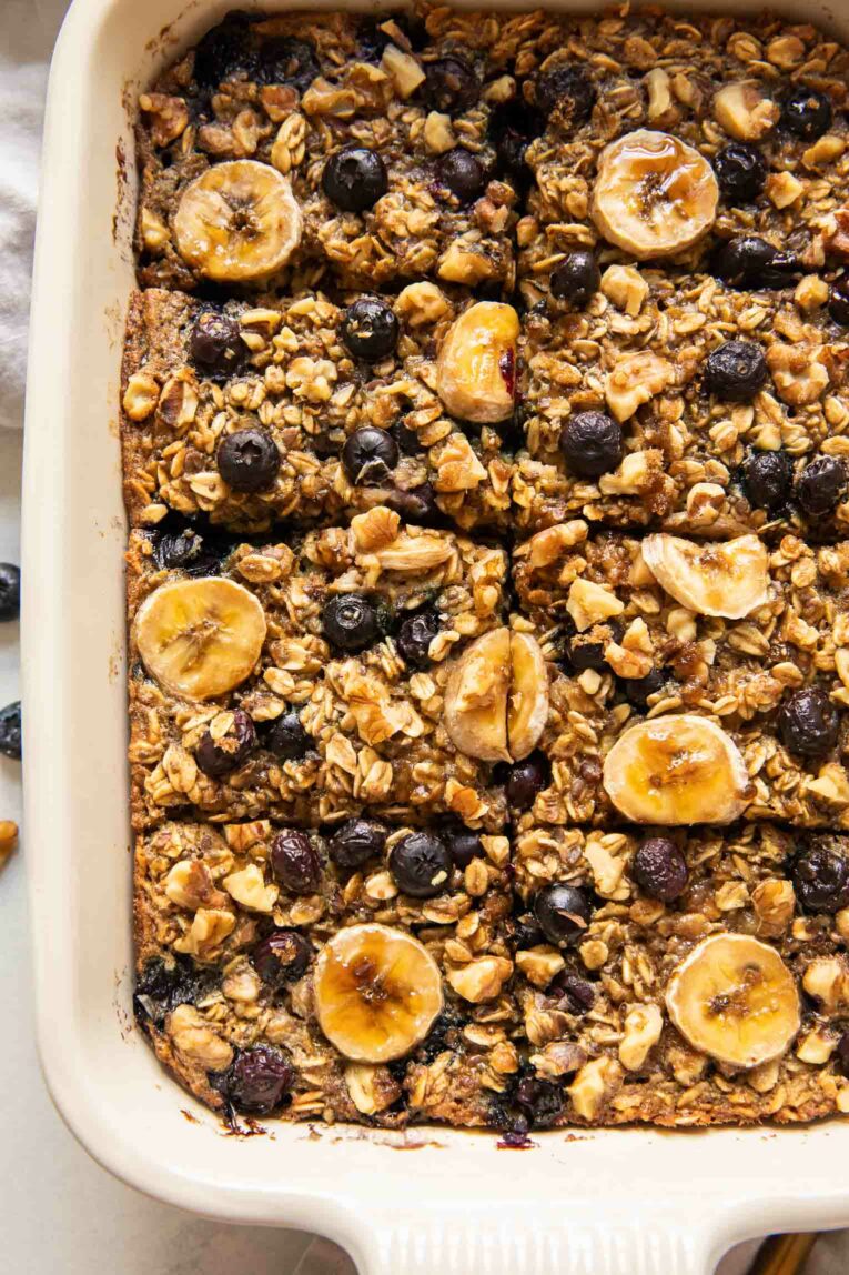 Close up of Blueberry Banana Baked Oatmeal bars.