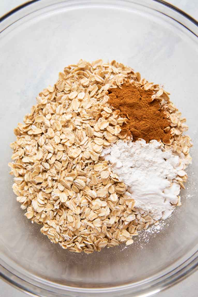 Dry ingredients being mixed together for baked oatmeal.