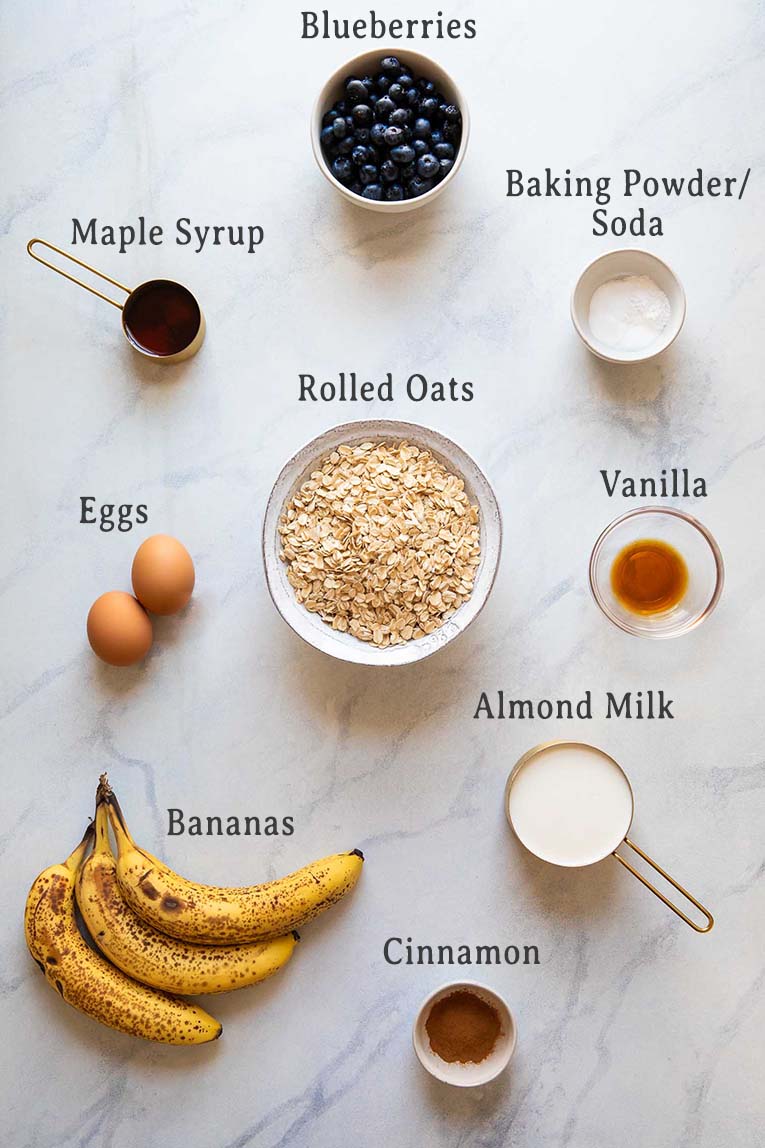 Ingredients for blueberry banana baked oatmeal.