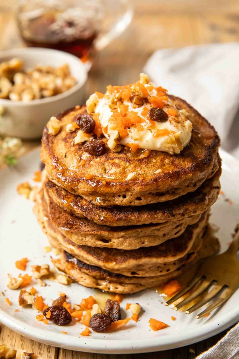 Angled photo of carrot cake pancakes.