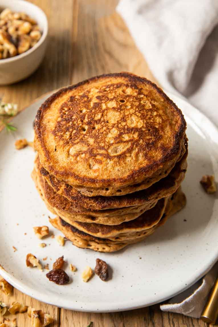Cooked carrot cake pancakes stack.