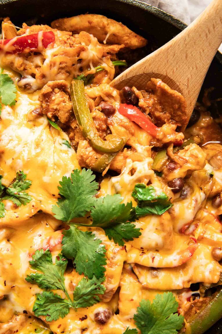Close up of fajita casserole skillet.