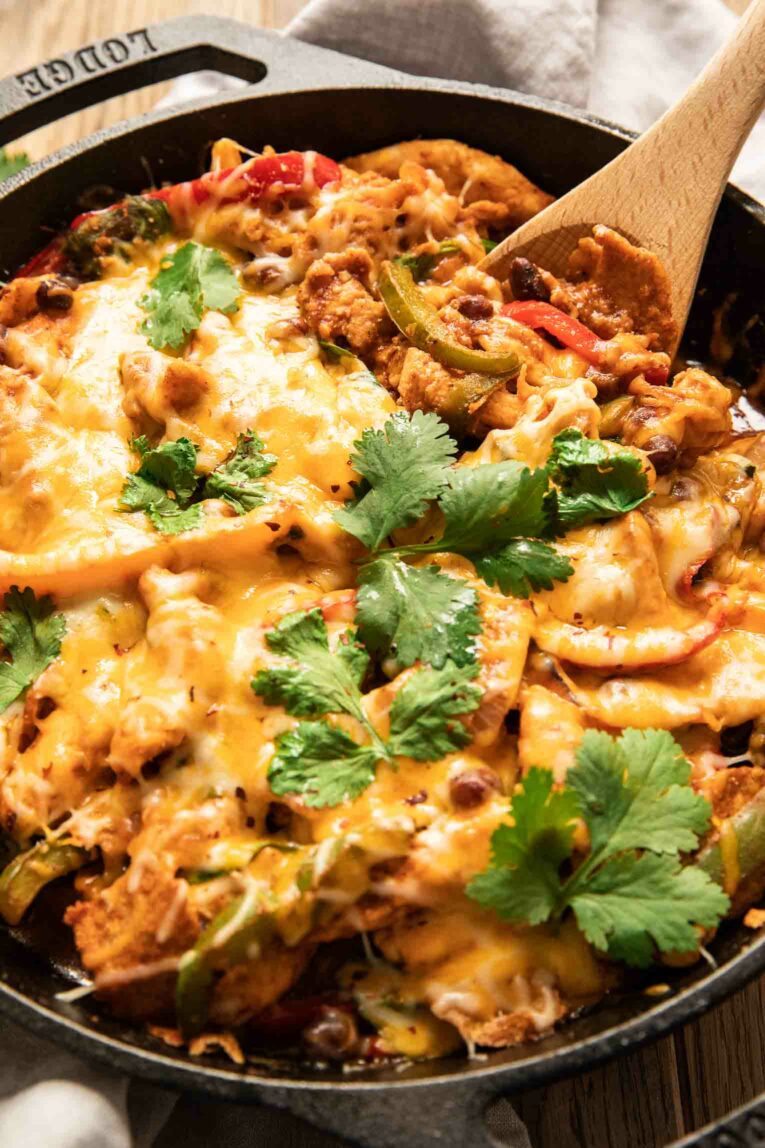 Angled photo of chicken fajita casserole.