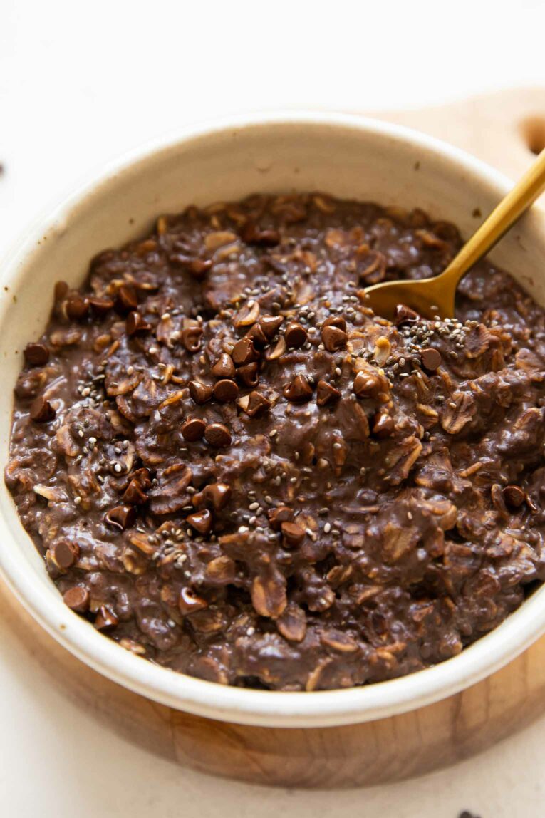 Angled photo of dark chocolate protein oats.